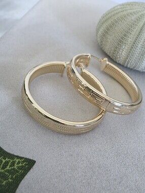 Textured Gold Hoop Earrings with Greek Key Etching & Ribbed Interior